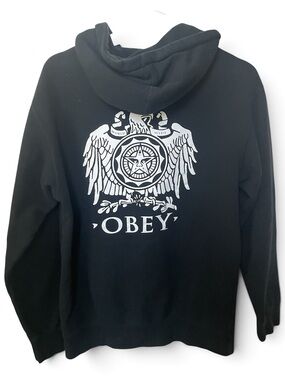 Obey Black White Pullover Hoodie with Crest Logo & Andre the Giant Size S